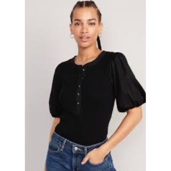Old Navy Womens Black Cotton‎ Puff Sleeve Stretchy Fitted Button Top sz XXL Boho - Picture 5 of 5